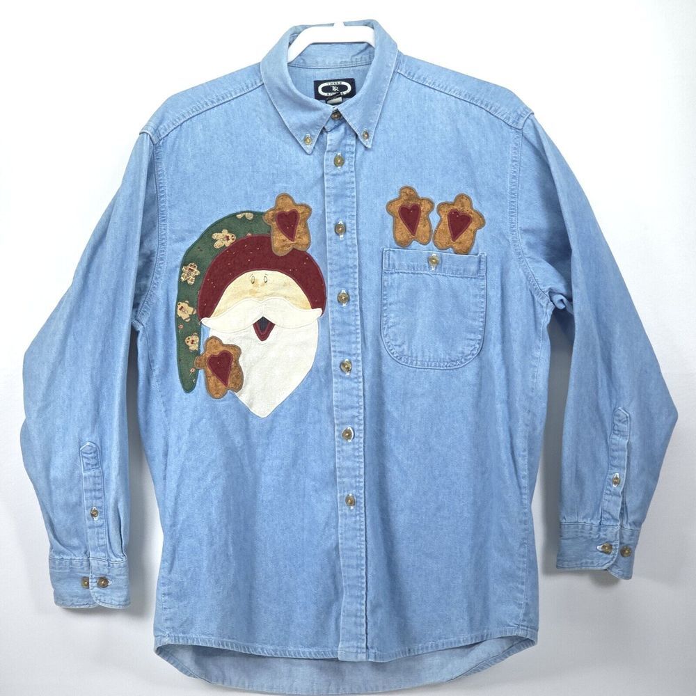 Vintage Three Rivers Denim Shirt Womens Medium Embroidered Santa Cabincore Mom